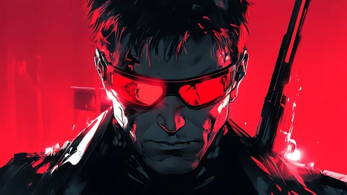 Cybernetic enforcer lowers gaze under neon red glare