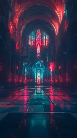 Neon cathedral interior with glowing stained glass windows.