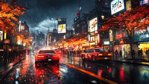 Neon city streets glowing through autumn rain at night.