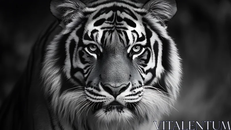 Tiger face fills monochrome frame with sharp frontal stare
