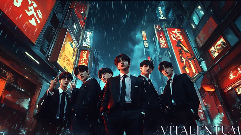 Cyberpunk boy band in neon rain-soaked alleyway at night.