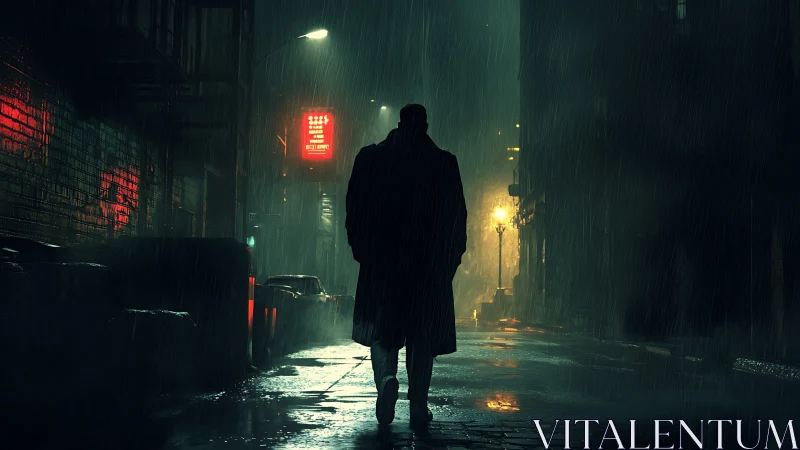 Rain-soaked noir wanderer beneath neon and shadowed streets.