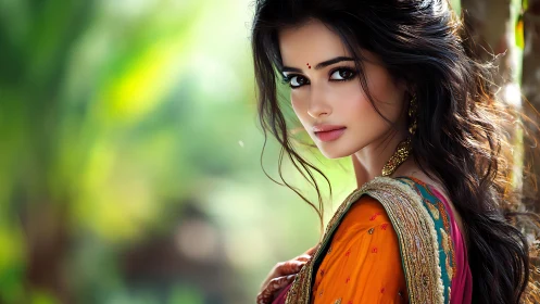 Elegant woman in traditional dress in soft outdoor light.