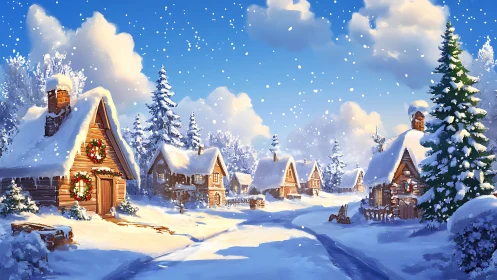 Snow-kissed Christmas cabins dream under sugar-blue skies.