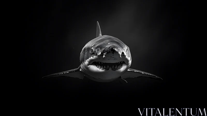 Monochrome frontal shark portrait isolates predatory form