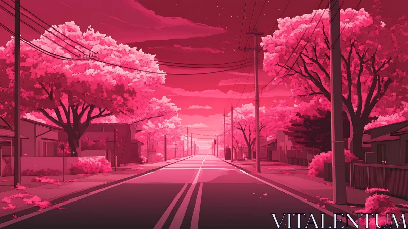 Neon pink suburban avenue under stylized electric canopy.