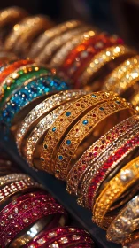 Ornate jewel-encrusted bangles in warm bokeh display.