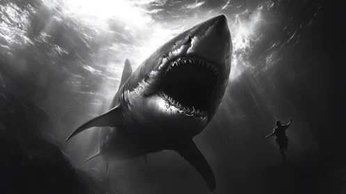 Monochrome render shows large shark approaching nearby diver