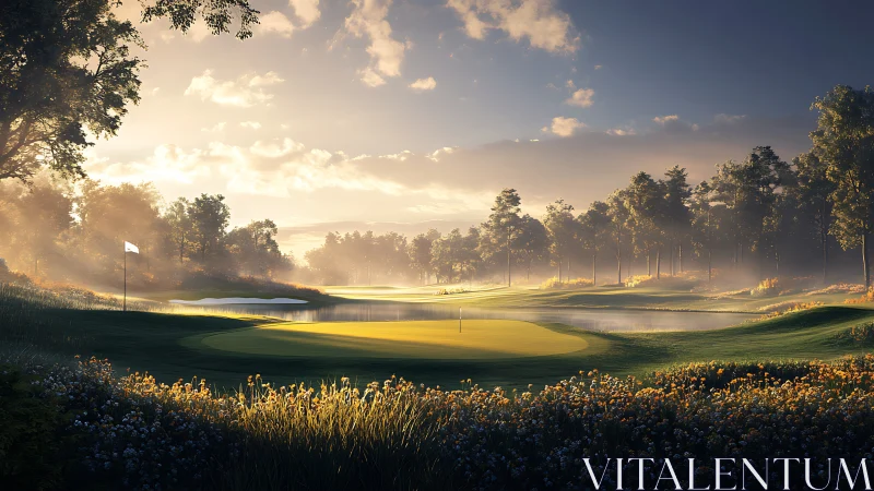 Morning mist drapes a luminous golf green in quiet splendor