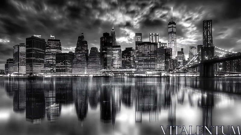 Monochrome metropolitan skyline with mirrored waterfront reflections.