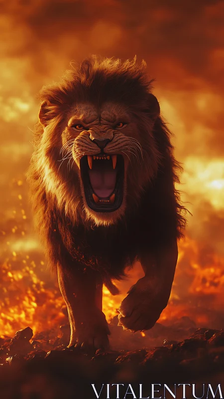 Photorealistic roaring lion in molten inferno frontal composition.