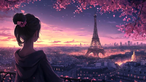 Girl watching Paris sunset skyline under cherry blossoms.