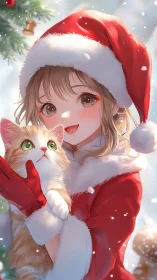Warm holiday joy shines as a girl cuddles her Christmas cat