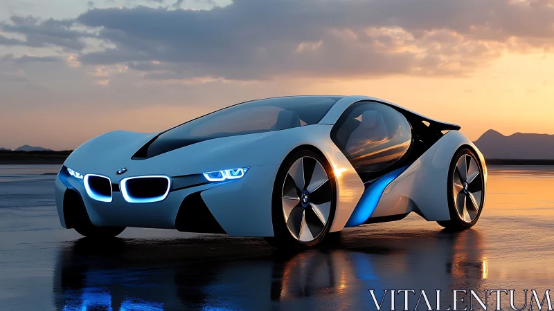 Sunset-lit futuristic sports car glows on a reflective shore