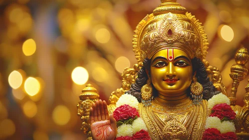 Golden Hindu deity statue with floral garlands and bokeh background.