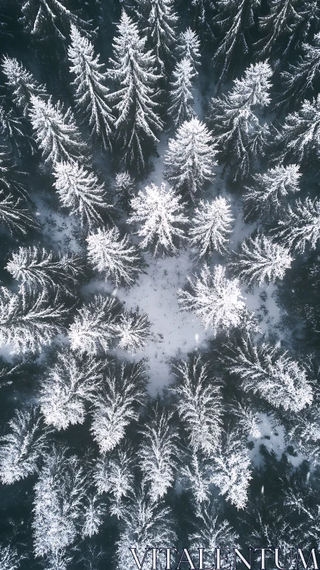 Vertical aerial view of snow covered conifer forest canopy.