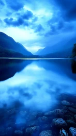 Midnight lake mirrors wandering mountains in blue hush