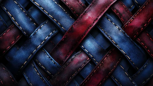 Close-up of Red and Blue Woven Leather Strips with Detailed Stitching.