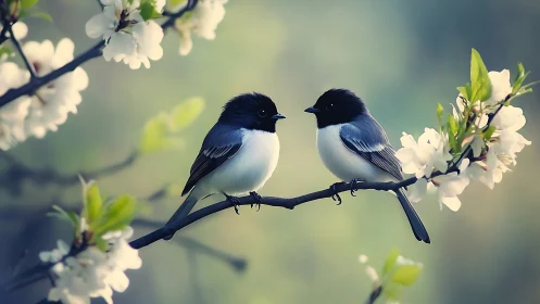 Two Black-and-White Songbirds on Blossom Branch, Soft Pastel Style.