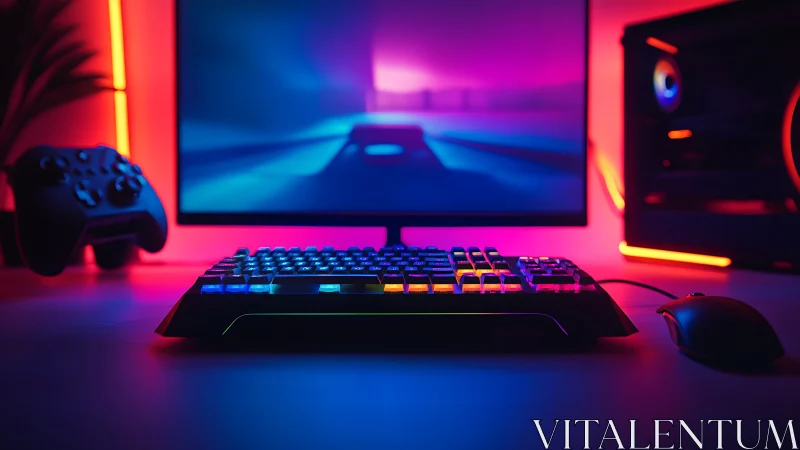 RGB gaming keyboard glows in a neon-lit desktop battlestation