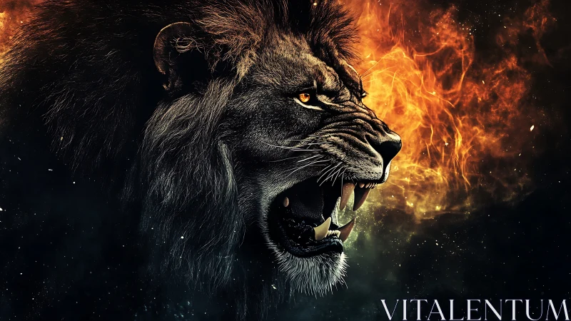 Roaring lion profile with fiery bokeh plasma background blend