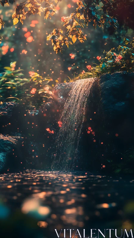 Enchanted forest waterfall under glowing golden light.
