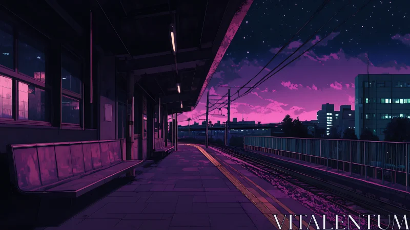Purple dusk railway platform wrapped in quiet city glow.