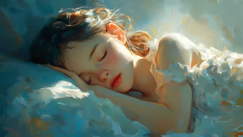 Peaceful child resting in soft blue and gold light