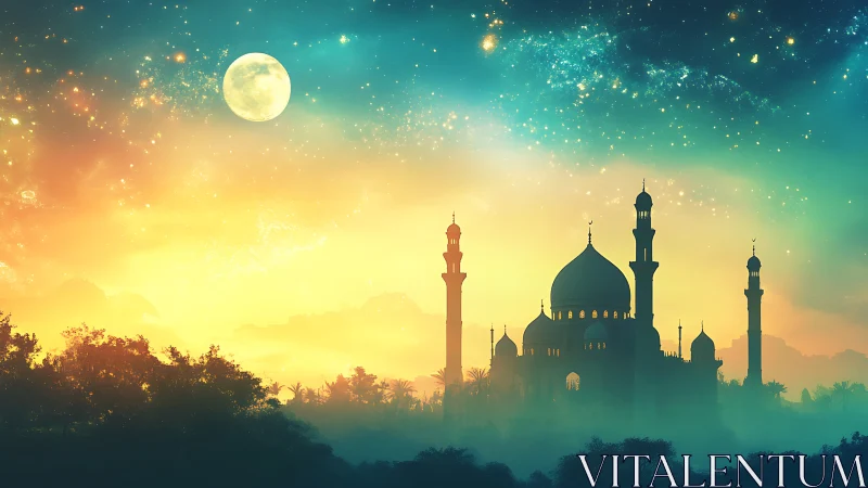 Silhouette of domed mosque under moonlit, starry sky.