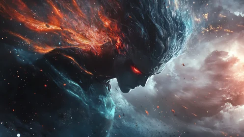 Elemental cosmic entity with blazing hair and red eyes.