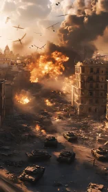 Urban battlefield shows tanks advancing under heavy bombardment