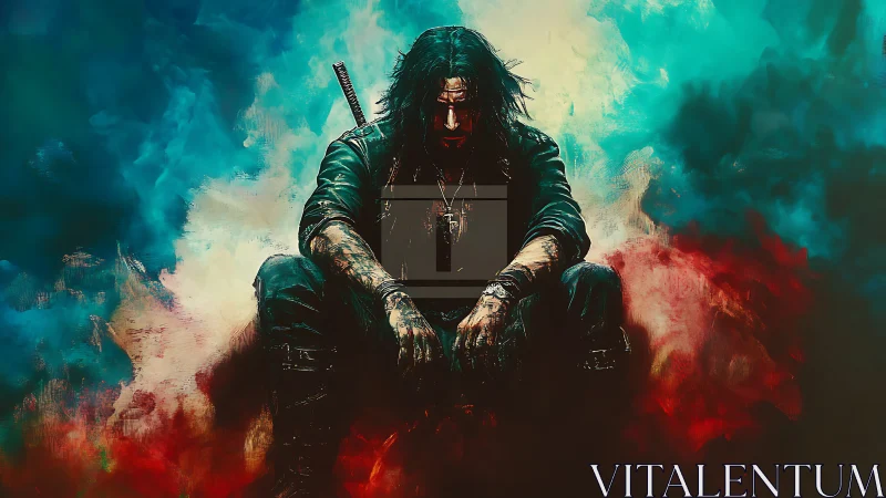 Solitary long-haired figure seated amid diffuse color field.