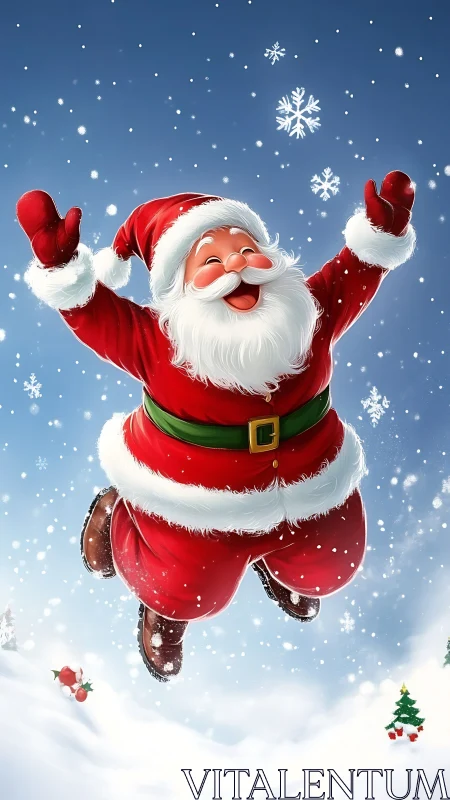 Joyful Santa leaps through sparkling winter snowflakes