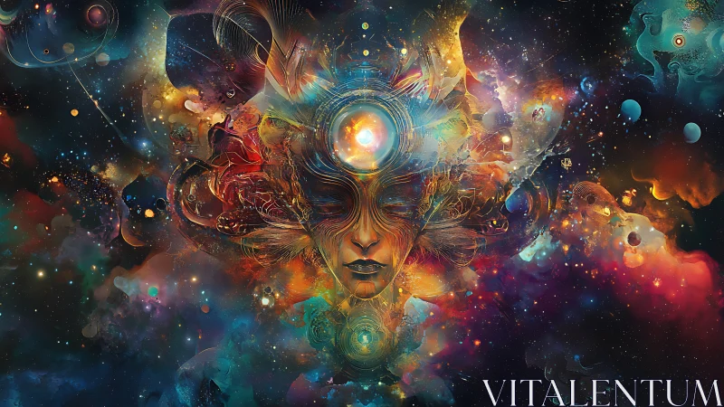 Cosmic dreamer wrapped in swirling galaxies and starlight.