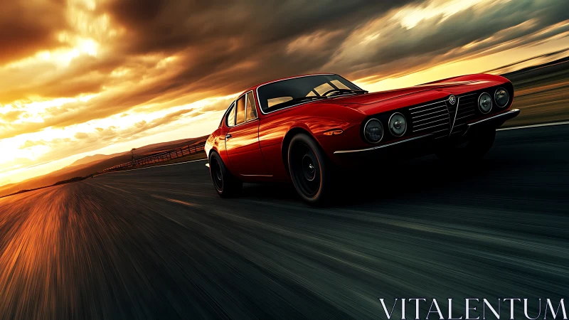 Red vintage coupe on empty racetrack at sunset motion.