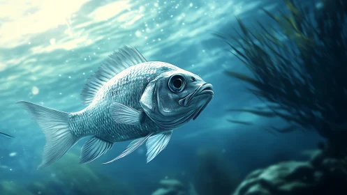 Silver fish glides through sunlit underwater seascape scene.