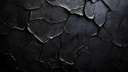 Macro study of cracked black surface under raking light