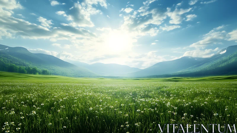 High-dynamic meadow panorama under backlit alpine sunfield.