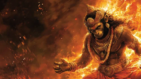 Mythic simian warrior in infernal gold relief digital painting.