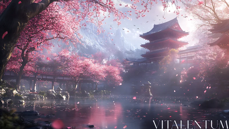 Blossom-draped temple lagoon under whispered mountain light.