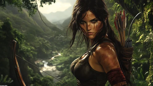 Jungle huntress stands battle-scarred in verdant canyon