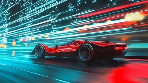 Sleek red supercar racing through glowing neon night streets.