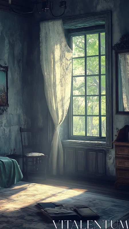 Soft morning light pours through a quiet vintage bedroom window