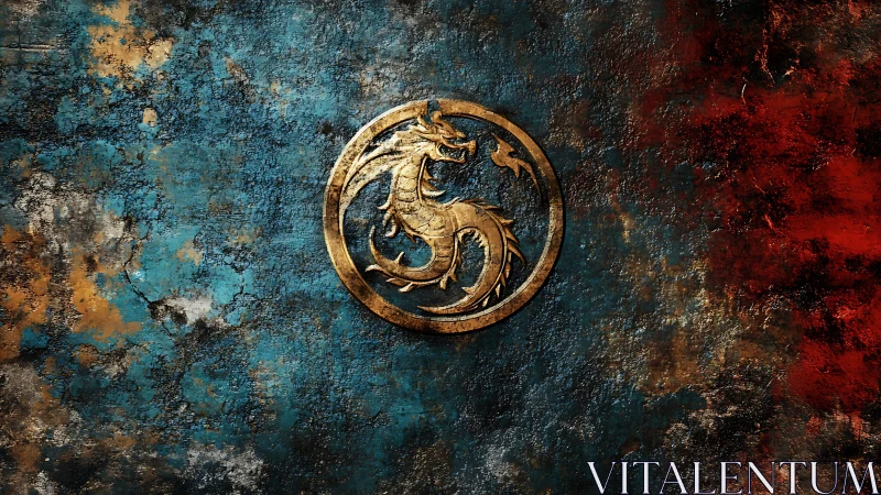 Golden dragon emblem glows against distressed blue red wall