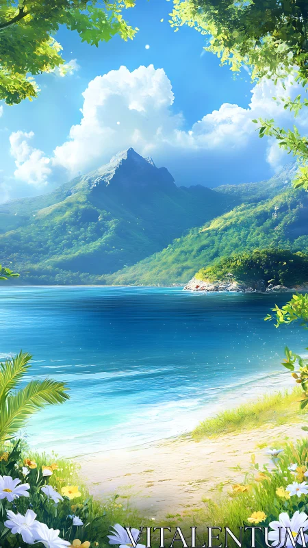 Sunlit tropical cove cradled by emerald mountains and sky.