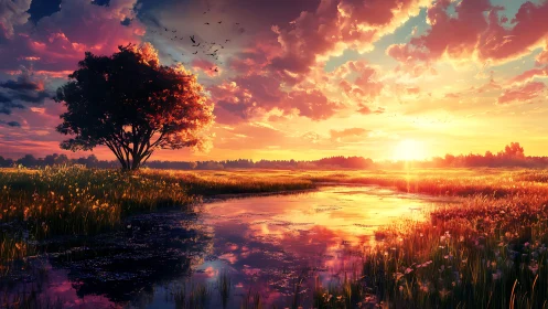 Radiant sunset over reflective wetland pond with saturated clouds