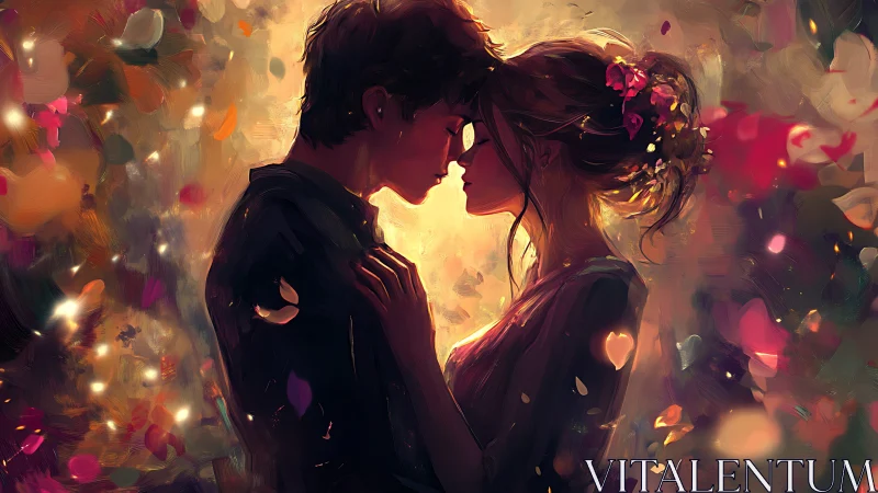 Silhouetted Romance: Luminous Couple Profile with Bokeh Light Particles and Floral Elements