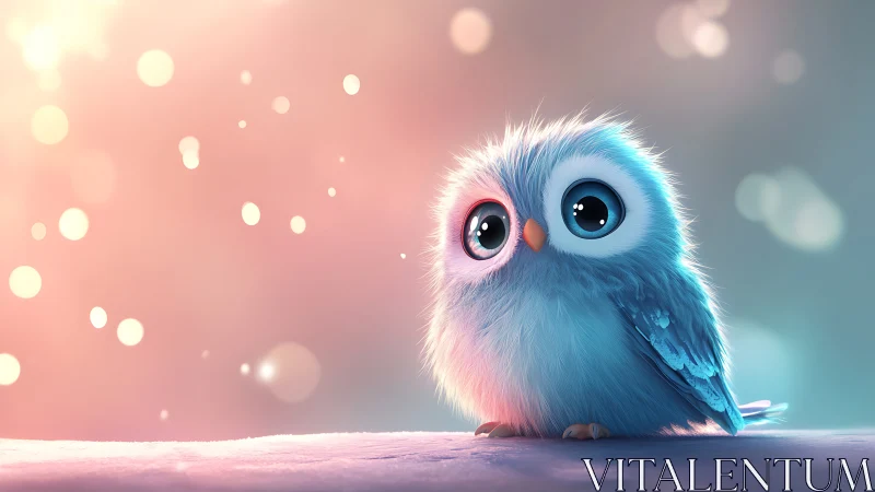 Adorable Cartoon Baby Owl on Soft Pastel Bokeh Background.