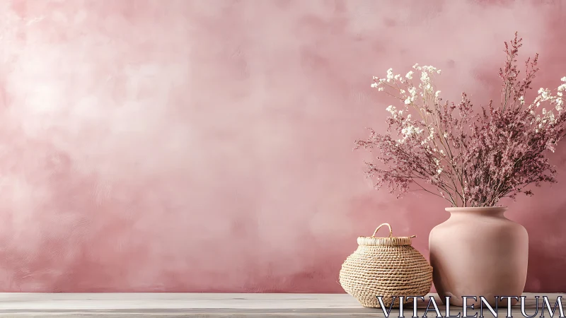 Matte pink ceramic vase and wicker basket against textured wall