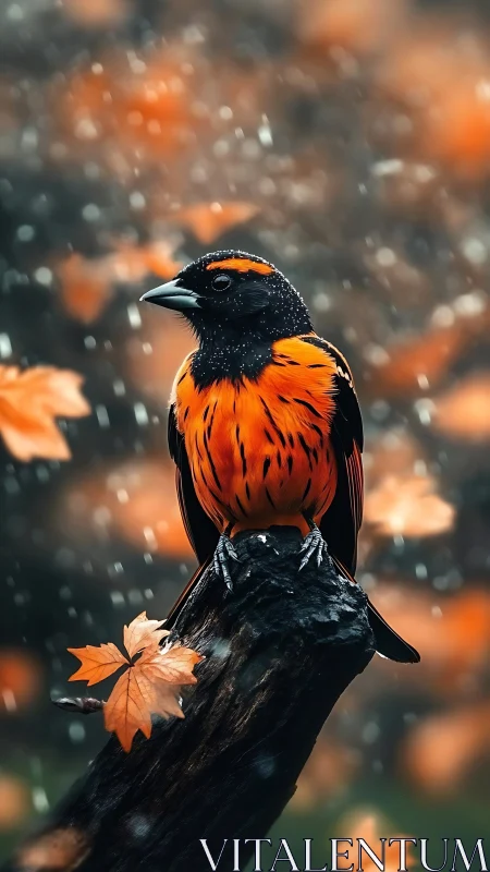 Vivid orange black songbird on wet log amid autumn rainfall